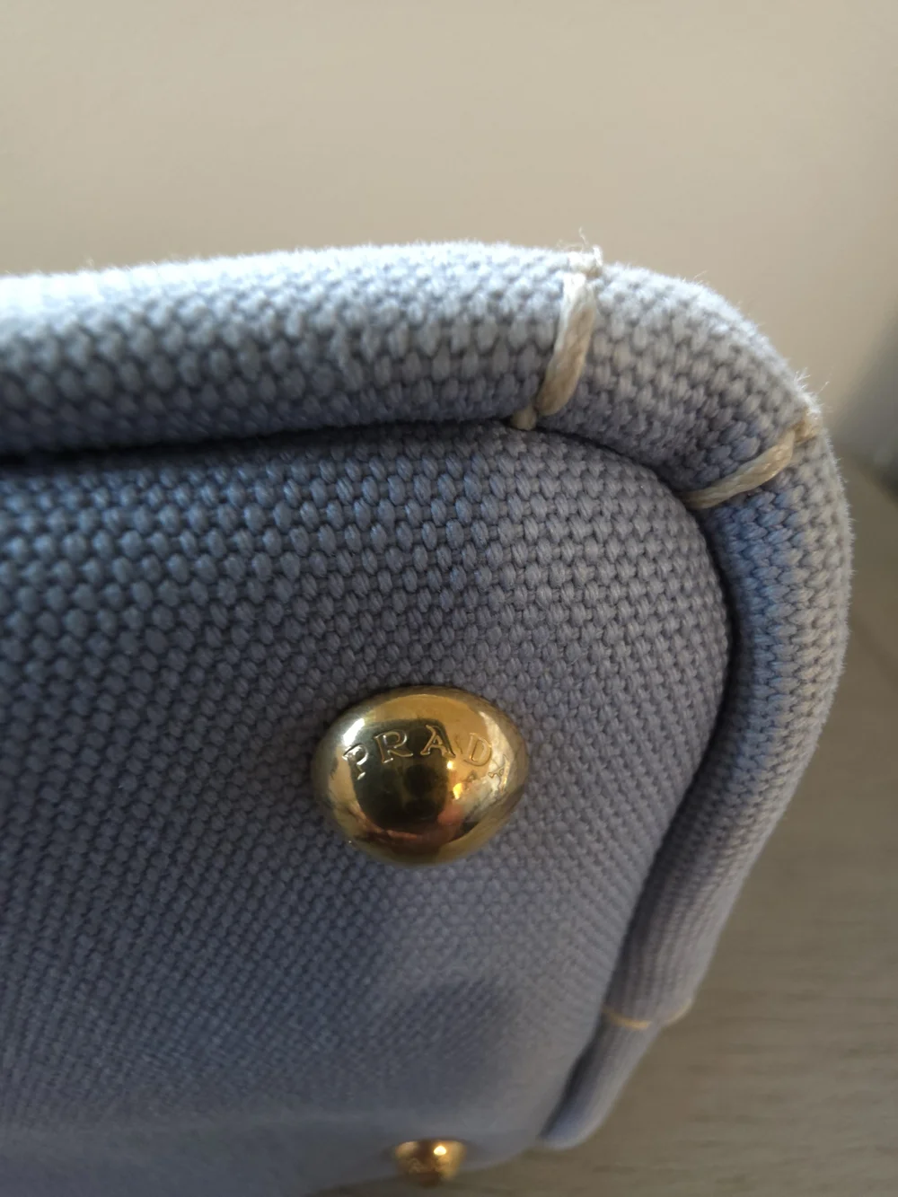 Prada Canapa Light Blue Canvas Mini Tote with Gold Accents